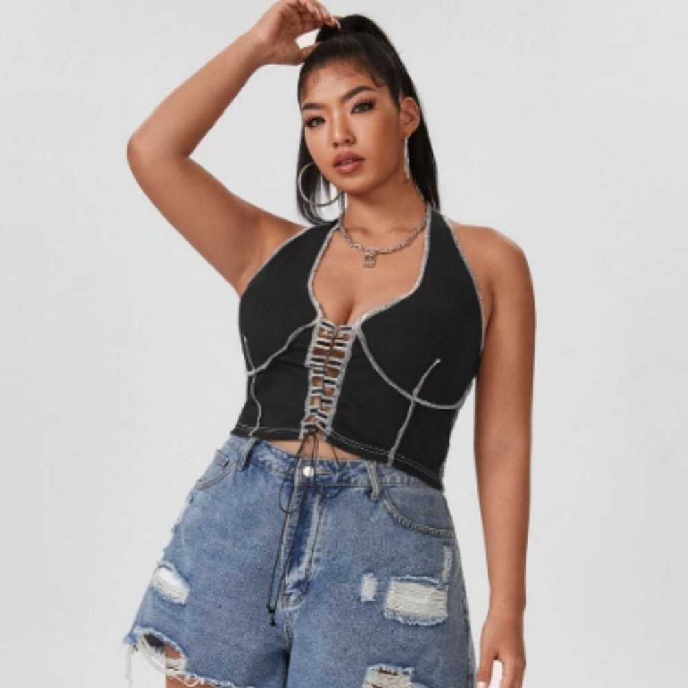 black crop high waist white stitch halter casual sexy beach 1x shirt top blouse